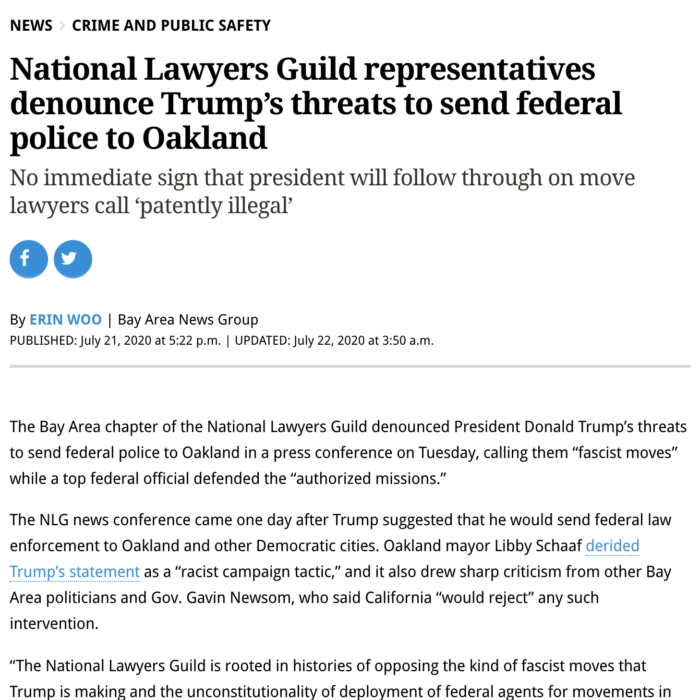National Lawyers Guild representatives denounce Trump’s threats to send federal police to Oakland
