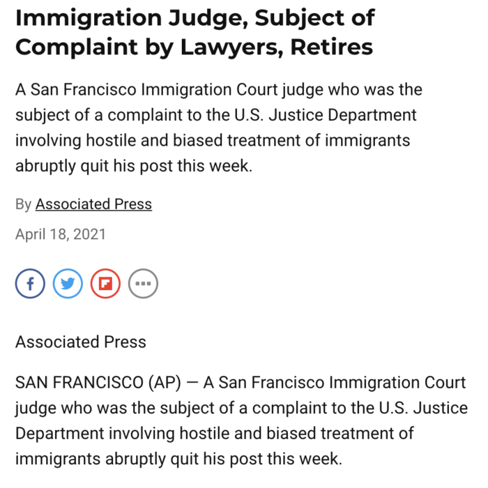 Immigration Judge, Subject of Complaint by Lawyers, Retires