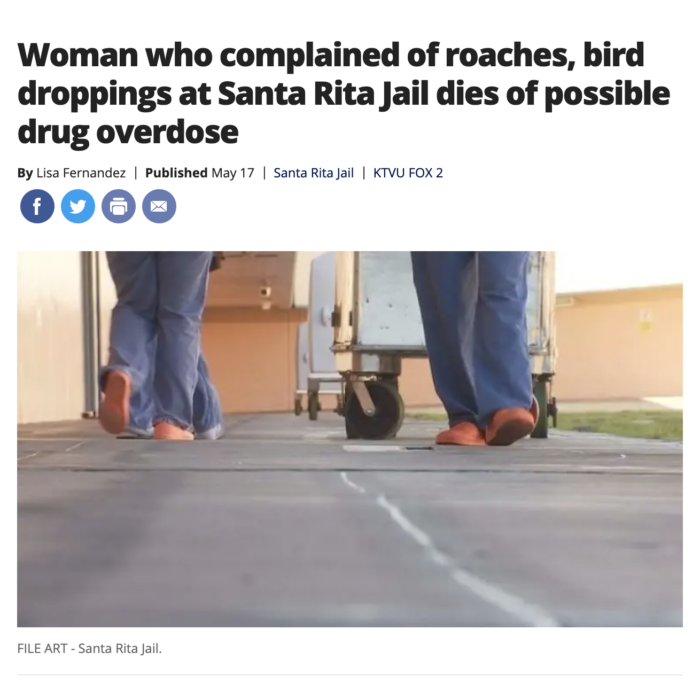 Woman who complained of roaches, bird droppings at Santa Rita Jail dies of possible drug overdose