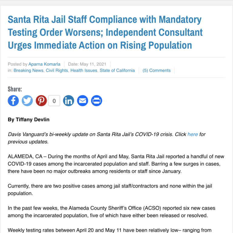 Santa Rita Jail Staff Compliance with Mandatory Testing Order Worsens; Independent Consultant Urges Immediate Action on Rising Population