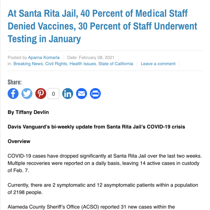 At Santa Rita Jail, 40 Percent of Medical Staff Denied Vaccines, 30 Percent of Staff Underwent Testing in January