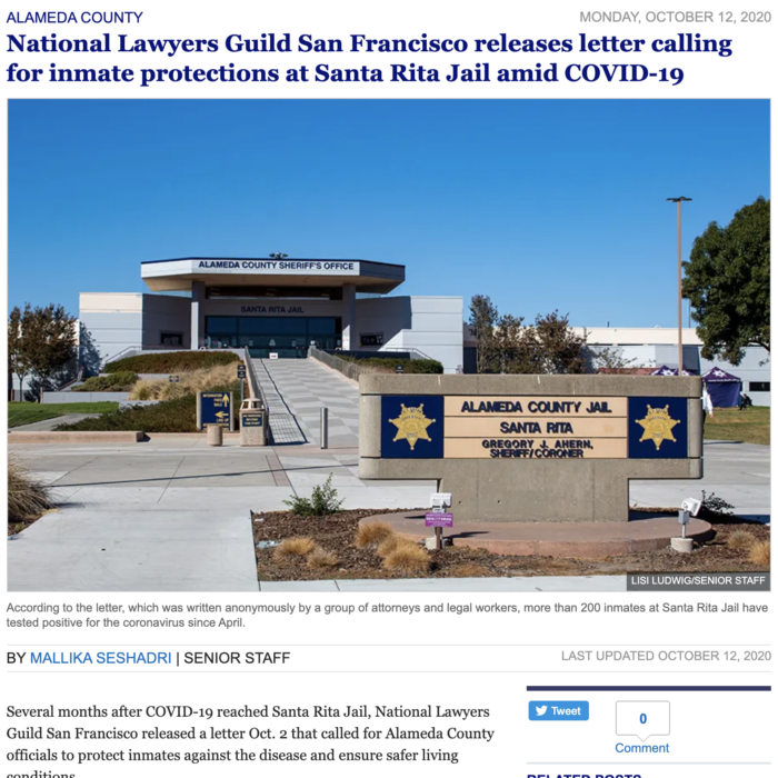 National Lawyers Guild San Francisco releases letter calling for inmate protections at Santa Rita Jail amid COVID-19